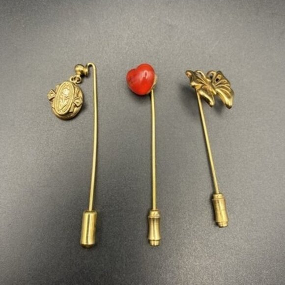 Lot 3 Stick Pins Napier Butterfly Red Heart Oval Flower Locket Gold Tone LOOK - Picture 1 of 15